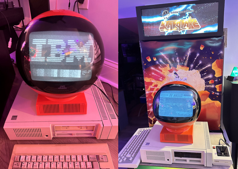 IBM PCjr startup screen and Starquake with a JVC Videosphere